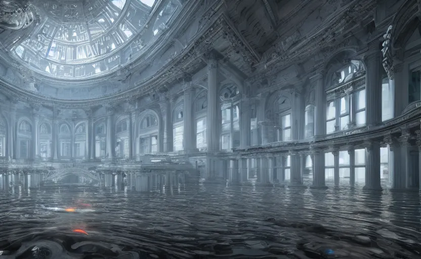 Prompt: Neoclassical building with dome in the middle lake, hyperrealistic mixed media, stunning 3d render inspired art by P. Craig Russell and Barry Windsor-Smith + perfect facial symmetry + dim volumetric lighting, 8k octane beautifully detailed render, post-processing, extremely hyperdetailed, intricate futuristic mechanic parts, epic composition, grim yet sparkling atmosphere, cinematic lighting + masterpiece, trending on artstation