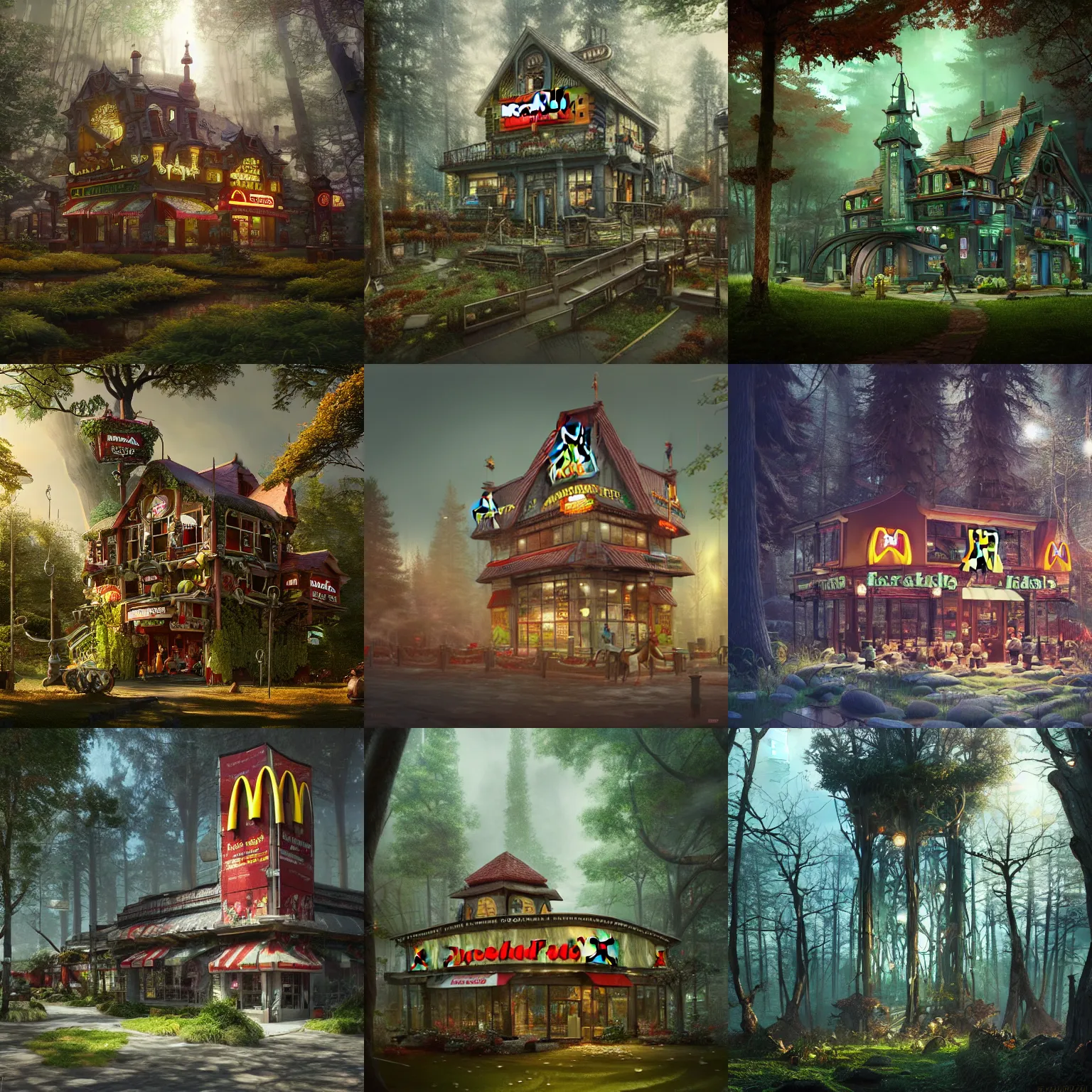 Prompt: A McDonald´s building standing in a fantasy forest, Hyperdetailed, artstation, cgsociety, 8k