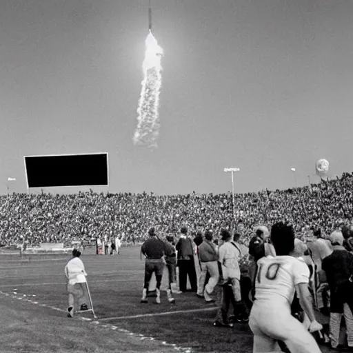 Prompt: Apollo 11 landing in a football stadium. Photographic quality, vintage, realistic, wide.