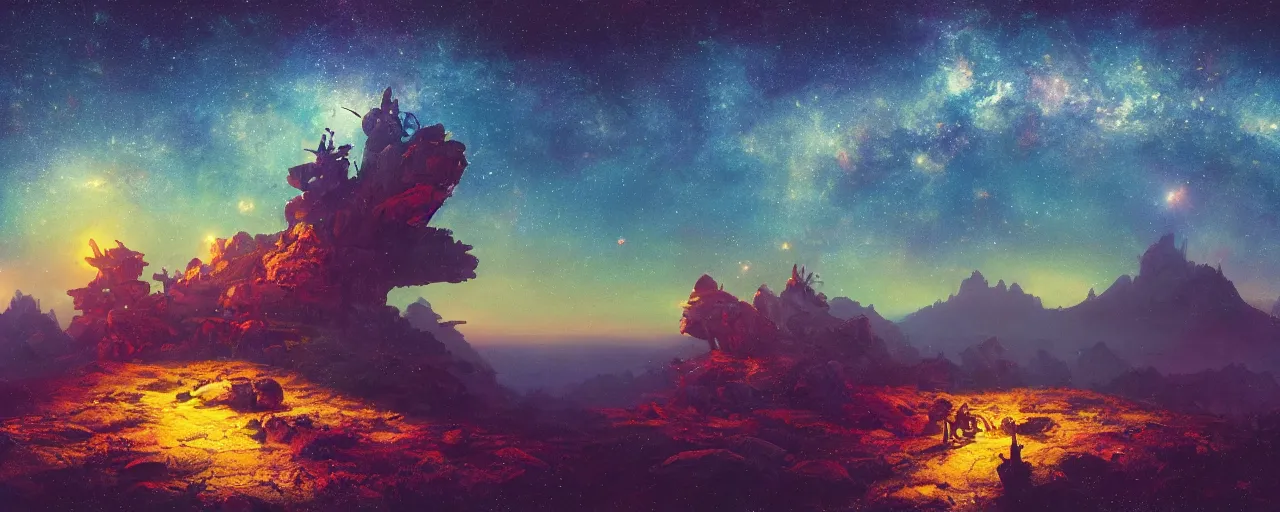 Prompt: top of the holy mountain at night with sky full of stars, [ cinematic, detailed, epic, widescreen, opening, establishing, mattepainting, photorealistic, 4 k, octane render, art by paul lehr ]