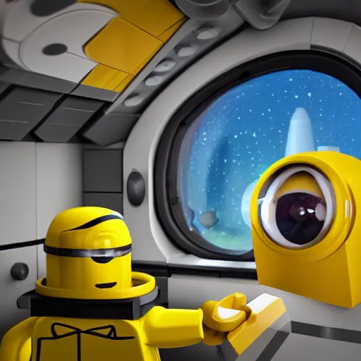 Image similar to lego minion astronaut in the spaceship by goro fujita, realism, sharp details, cinematic, highly detailed, digital, 3 d, yellow colors