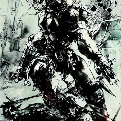 Prompt: Terrified knight, Yoji Shinkawa manga art, style of Ink