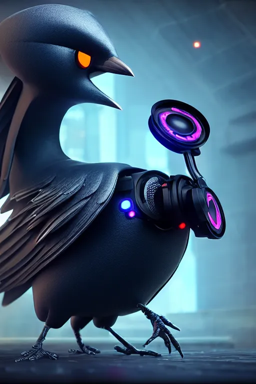 Image similar to high quality 3 d render very cute cyborg crow! sings into microphone!!, cyberpunk highly detailed, unreal engine cinematic smooth, in the style of blade runner & detective pikachu, hannah yata charlie immer, moody light, low angle, uhd 8 k, sharp focus