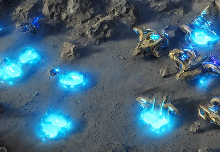 Prompt: protoss drones mining blue minerals beautiful art uhd 4 k, artstation, hdr, 4 k, incredible detail, cinematic lighting, unreal engine 5