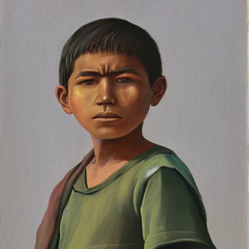 Image similar to indigenous boy standing on a barren plain muted colors