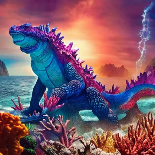 Prompt: a massive sea monster made of a colorful coral reef emerging from the ocean, epic vfx shot, waves, splashing water, cinematic lighting, godzilla, creature from the black lagoon