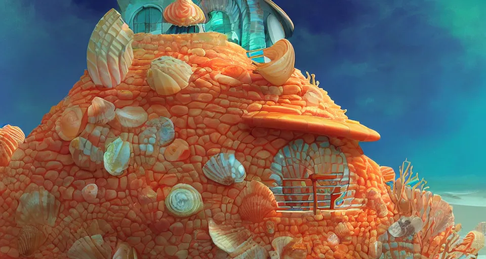 Image similar to digital painting of a tiny sacred spiral, procedural seashell house surrounded by dreamy coral, syd mead, cell shaded graphics, concept art, minimalist, golden ratio