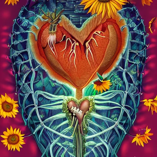 Image similar to a beautiful matte digital illustration by Larisa Novik of an anatomically correct heart bursting out of an anatomically correct skeletal rib-cage and exploding into rainbows and sunflowers, trending on artstation hq