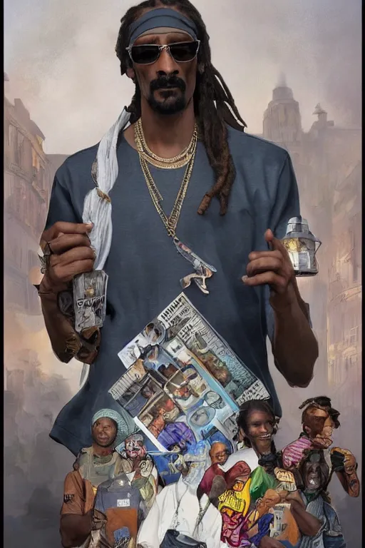 Prompt: male cottagecore snoop dogg, Calvin Cordozar Broadus Jr., police raid in the ghetto, peopl getting arrested, intricate, swagger, highly detailed, digital painting, artstation, concept art, smooth, sharp, focus, illustration, art by artgerm and greg rutkowski and alphonse mucha