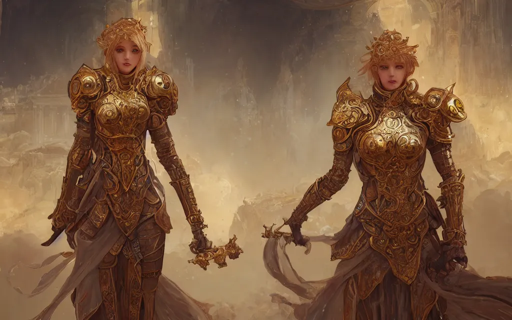 Prompt: portrait knights of zodiac girl, rose golden color armor, in ruined agora of athens, ssci - fi and fantasy, intricate and very very beautiful and elegant, highly detailed, digital painting, artstation, concept art, frostbite engine, smooth and sharp focus, illustration, art by tian zi and wlop and alphonse mucha