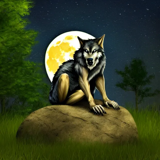 Image similar to A werewolf sitting on a rock, woodland creek, realistic, yellowish full moon