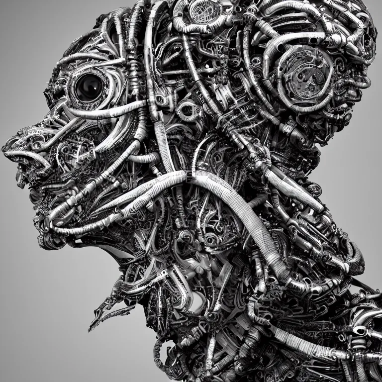 Image similar to surreal biomechanical spinal ribbed tribal exotic organic face portrait of mechanical cyborg, beautiful detailed intricate insanely detailed BW 3D render digital art, octane render, 8K artistic photography, photorealistic