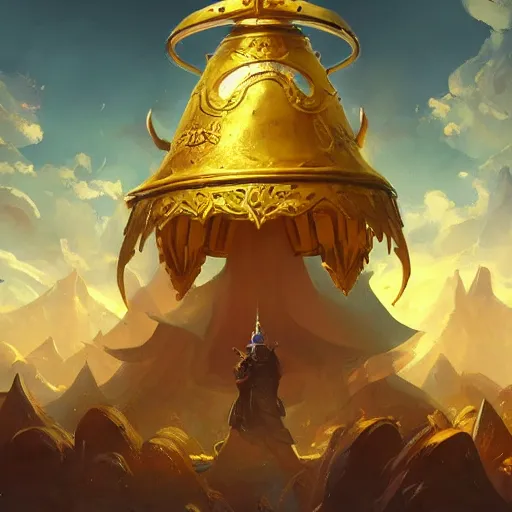 Image similar to a holy giant bell made of gold, yellow theme, bright art masterpiece artstation. 8 k, sharp high quality artwork in style of jose daniel cabrera pena and greg rutkowski, concept art by tooth wu, blizzard warcraft artwork, hearthstone card game artwork, giant bell