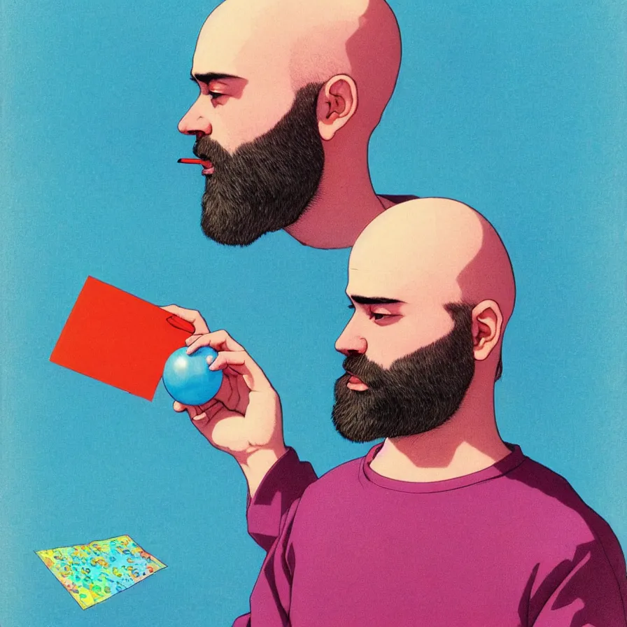 Prompt: a bubblegum portrait of a young bald bearded man holding a colorful blotter paper of lsd acid and dreaming psychedelic hallucinations in the vast icy landscape of antarctica, by soul bass, kawase hasui, moebius and edward hopper, colorful flat surreal design, xray hd, 8 k, artstation