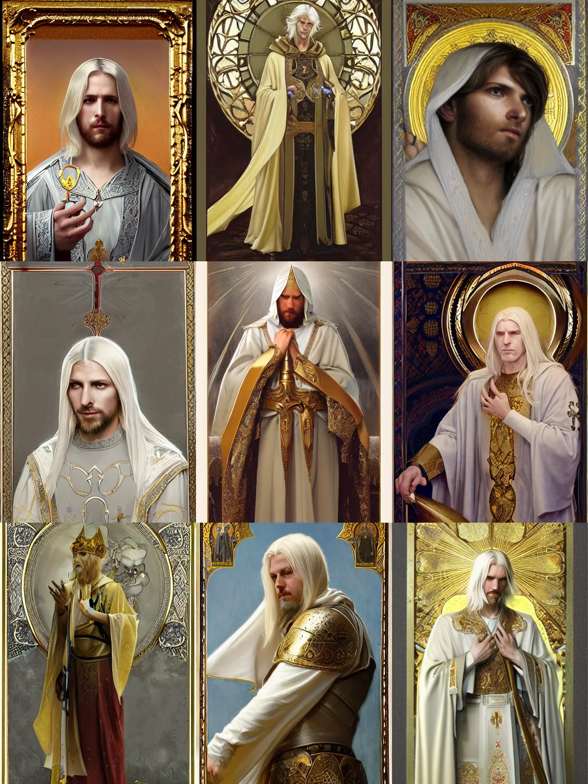 Prompt: portrait of a calm and pious male aasimar paladin above head with medium length platinum blonde hair wearing white slate grey and gold vestments healing a wounded man with holy magic, pensive expression, highly detailed, cinematic lighting, illustration, painterly, art by Krenz Cushart and Artem Demura and alphonse mucha, intricate, masterpiece, fantasy, halo of light, d&d