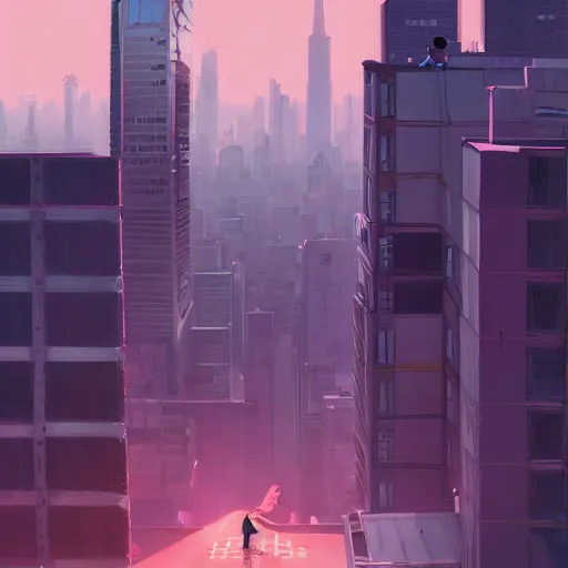 Prompt: teen boy, pink haired, city landscape, Gotham, artstation, highly detailed, digital painting, by makoto shinkai and thomas kindle and James gilleard