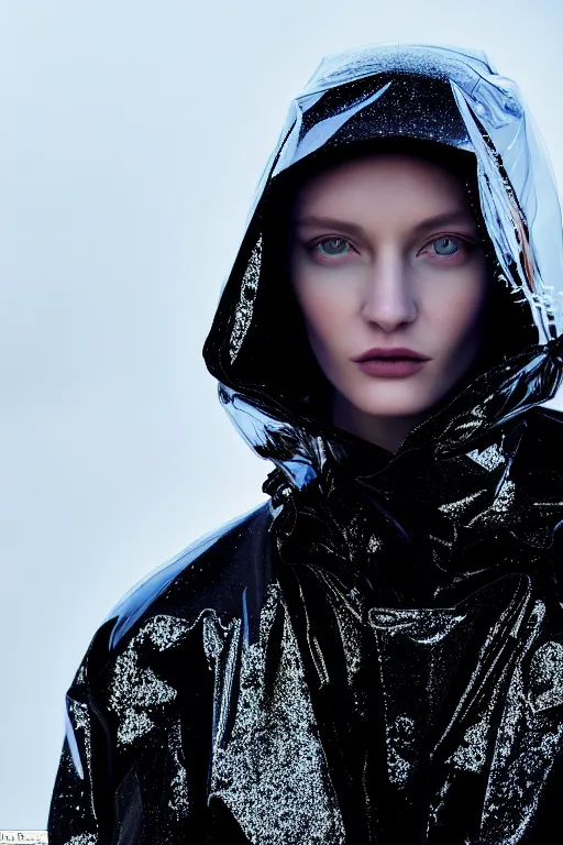 Image similar to an ultra high definition professional high fashion portrait studio full length photograph of a model wearing a transparent pearlescent raincoat and neon visor in an icelandic black rock environment at dawn. no artefacts. extremely detailed. stark. refraction. shallow depth of field. volumetric light and shadow. ray tracing. light rays.