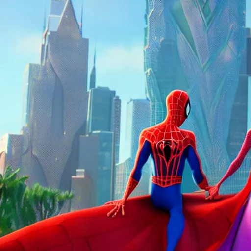 Prompt: spiderman and pregnant princess elsa go on an adventure, cinematic render, into the spiderverse 2 0 1 8, sony animation official media