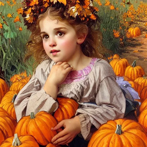 Prompt: a cute little girl with light brown wavy curly hair and blue eyes sitting amidst piles of pumpkins. beautiful cute highly detailed face. she is wearing a crown of autumn leaves. autumn and fall and halloween themed painting by alphonse mucha and artgerm and greg rutkowski.