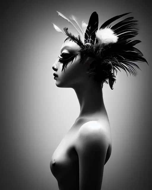 Image similar to surreal mythical dreamy dark artistic black and white fine art photo of a young delicate female - orchid - bird - cyborg bust with feather hair, rim light, cinematic, studio dramatic light, poetic, octane render, 8 k, photo - realistic