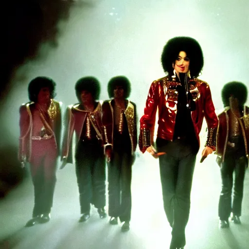 Image similar to michael jackson talking to the jacksons 5 afro michael jackson, movie still 8 k hdr atmospheric lighting