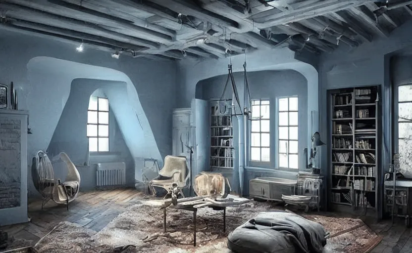 Prompt: A cozy old victorian loft, cold blue cinematic and atmospheric lighting, very coherent, highly detailed