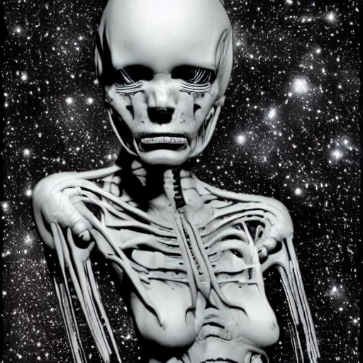 Image similar to portrait-photograph of an alien by H R Giger ::