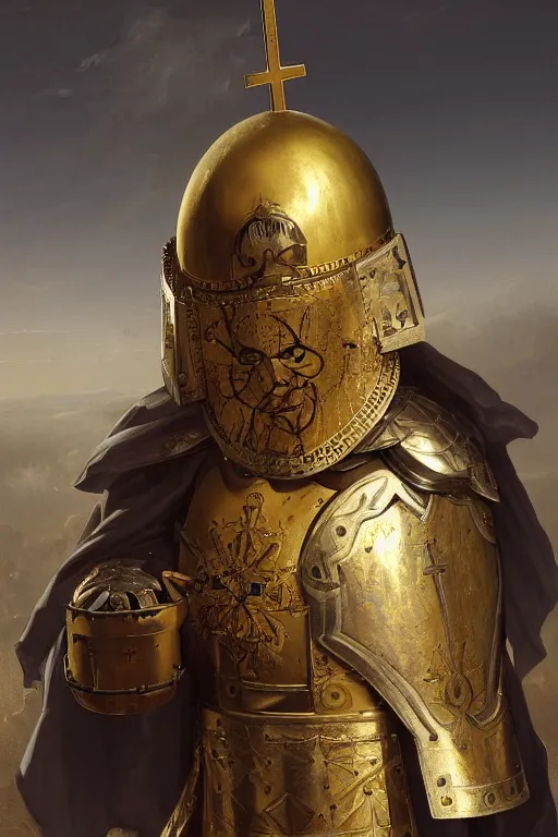 Image similar to man looking forward in decorated with gold baroque style christian crusader armor, cylindrical helmet covering all his face decorated with golden cross on front it's front and white cape covering most of his body standing at the gates of jerusalem drawn by greg rutkowski realistic high detail