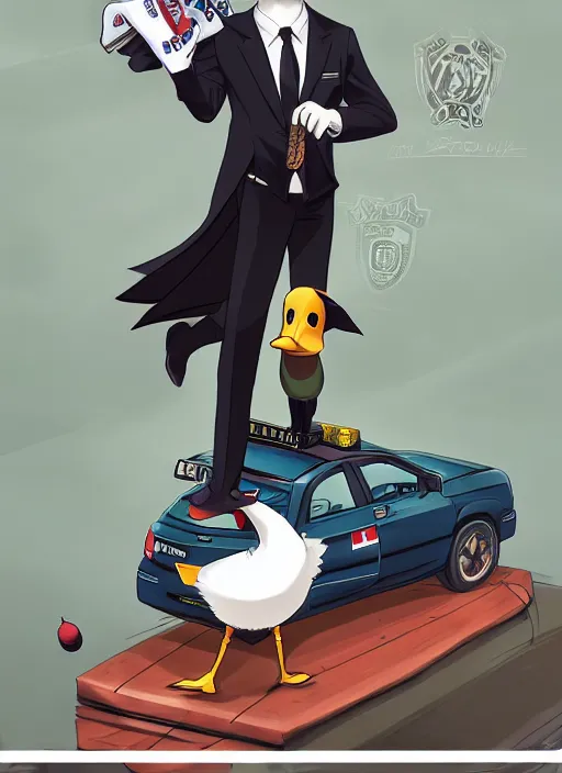 Image similar to commissioned full body portrait of a male anthro duck fursona with a duck head wearing a nice black suit and a fedora holding a baseball bat sitting on the hood of a police patrol car in a baseball stadium, by a professional manga illustrator, Stanley Artgerm Lau, WLOP, Rossdraws, James Jean, Andrei Riabovitchev, Marc Simonetti, and Sakimichan, trending on artstation