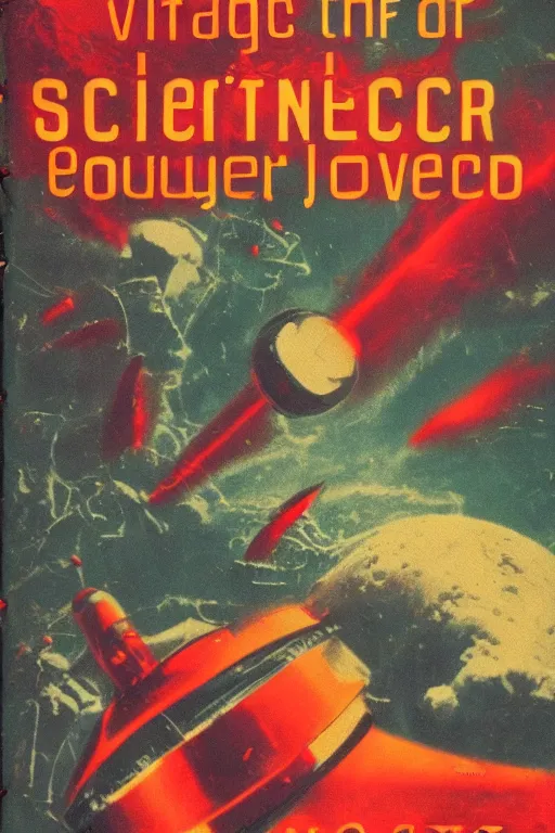 Prompt: vintage science fiction book cover, depicting a strange journey, red color bleed, warm tones, film grain, focus