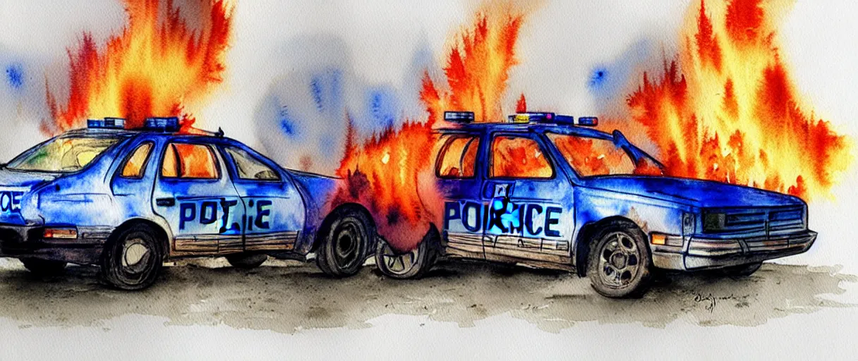 Prompt: watercolor of burning police car