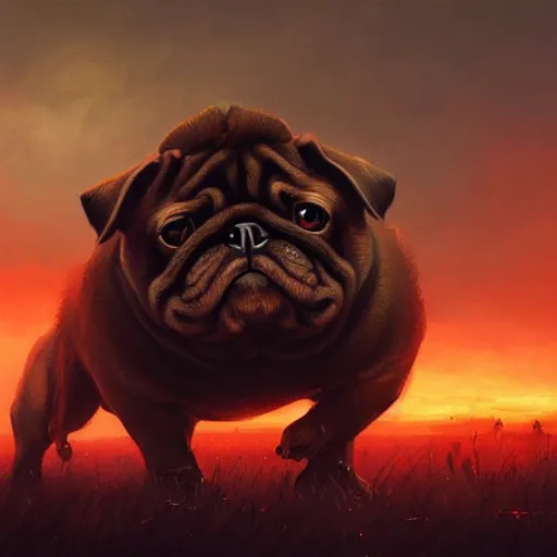 Prompt: anthropomorphic pug, alone on a battlefield surrounded by corpses of animals, horror , backlight, red sky, highly detailed, digital painting, artstation, concept art, matte, sharp focus, illustration, by Greg Rutkowski and frazetta