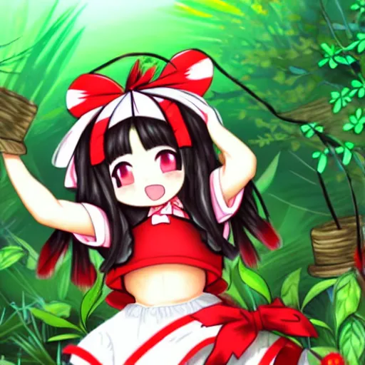 Image similar to an illustration of reimu in the jungle wearing bonnet