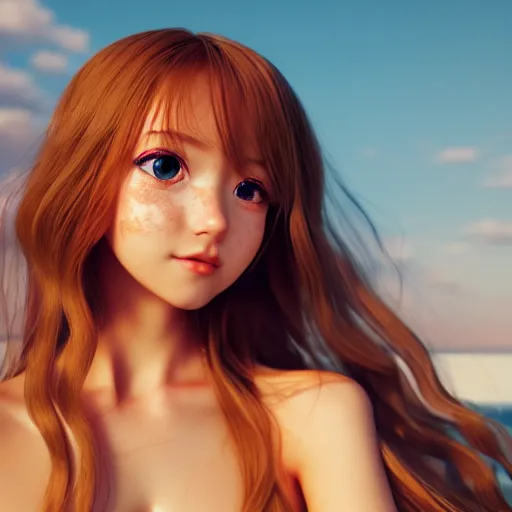 Image similar to Render of a very beautiful 3d anime girl, long hair, hazel eyes, cute freckles, full round face, short smile, cute sundress, golden hour, serene beach setting, medium shot, mid-shot, highly detailed, trending on Artstation, Unreal Engine 4k