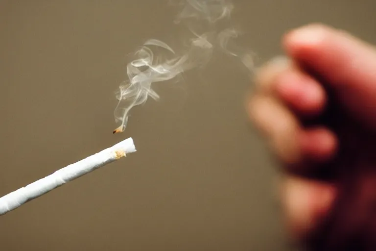 Prompt: Close-up of thin hand holding cigarette with smoke, hyper realistic, photo