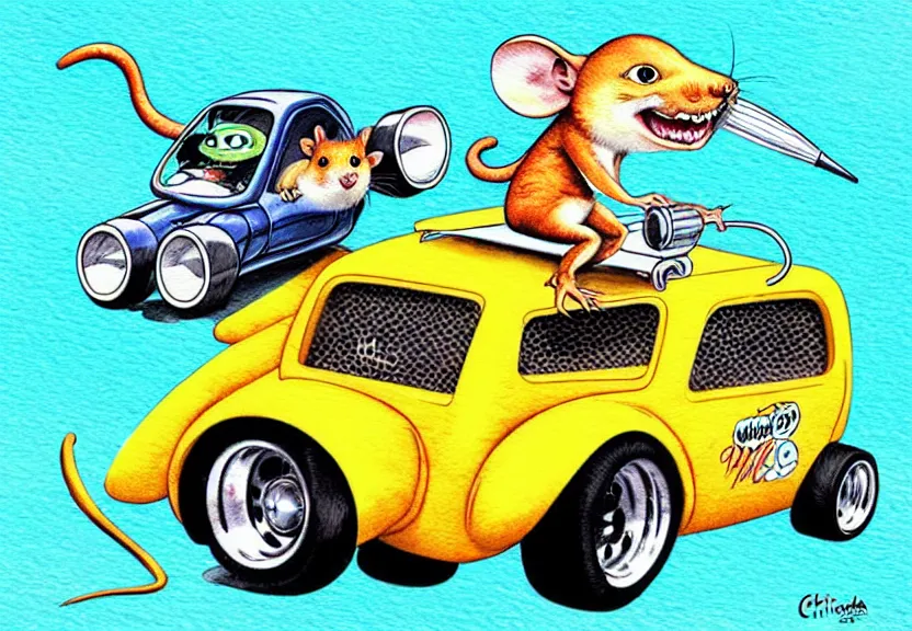 Prompt: cute and funny, rodent riding in a tiny hot rod coupe with oversized engine, ratfink style by ed roth, centered award winning watercolor pen illustration, isometric illustration by chihiro iwasaki, edited by range murata