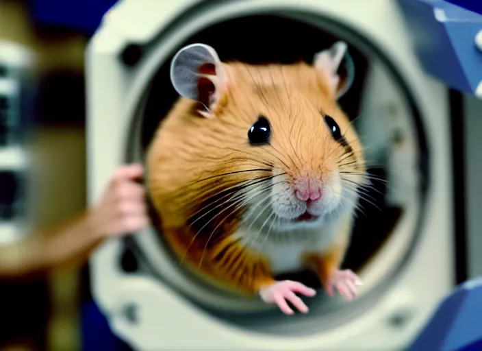 Image similar to film still of a hamster working for mission control at nasa, 8 k