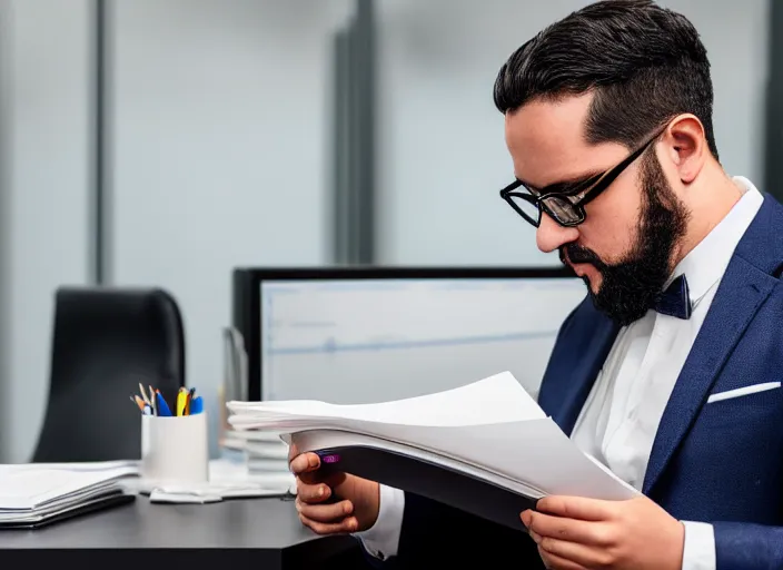 Prompt: photo of a real Mr. Potato Head in a suit and glasses, reading a document at a desk in an office. Highly detailed 8k. Intricate. Sony a7r iv 55mm. Award winning.