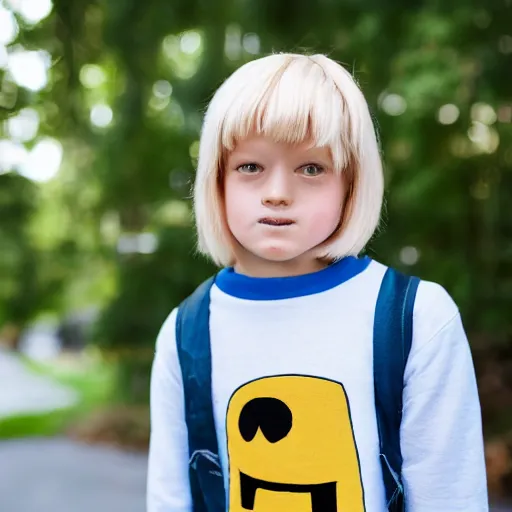 Image similar to portrait photo still of real life finn from the cartoon adventure time 8 k, 8 5 mm f 1. 8