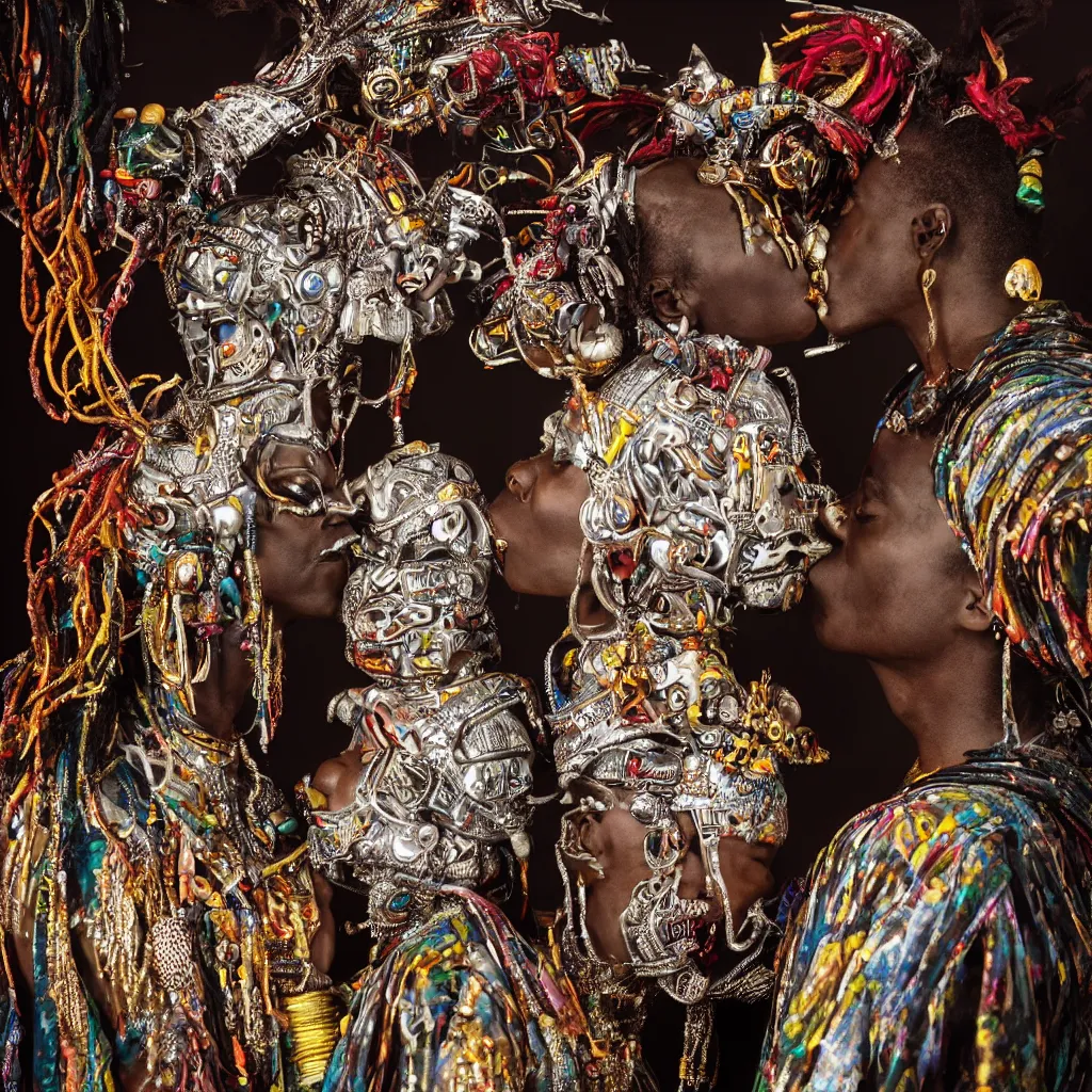 Image similar to a high-resolution color-chrome silverplate photo of a hyper realistic African voodoo priest, kissing a incredible elegant alien rococo Queen with ornate jewelled, sci-fi, high-tech, beautiful low light, style Steve McCurry Octane render 8k