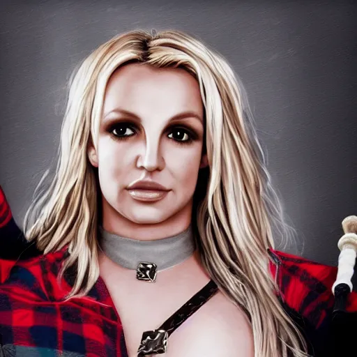 Image similar to epic realistic portrait of britney spears in scottish clothes and bagpipe, hd, 4 k, 8 k, detailed,