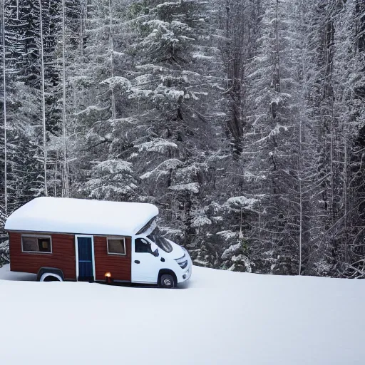 Prompt: a house on wheels rolling through a beautiful snowy forest, a girl stands on the roof looking off into the horizon, uhd, 8k,