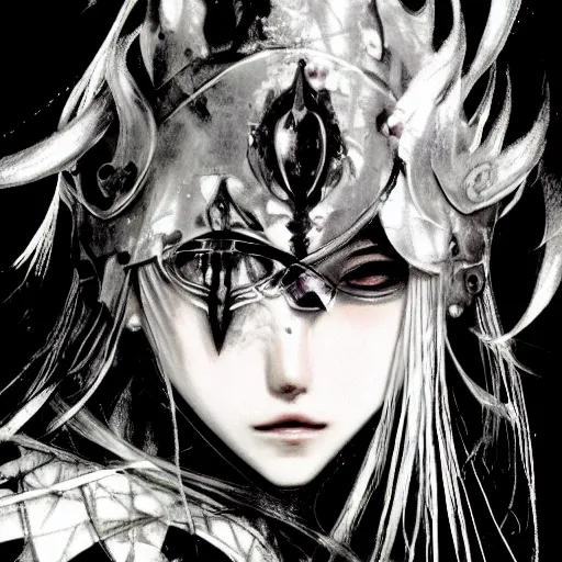 Image similar to Yoshitaka Amano blurred and dreamy illustration of an anime girl with a pirate eye patch, wavy white hair and cracks on her face wearing elden ring armour with the cape fluttering in the wind, abstract black and white patterns on the background, noisy film grain effect, highly detailed, Renaissance oil painting, weird portrait angle