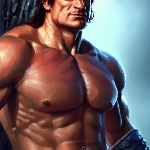 Image similar to portrait of a barbarian Nathan Fillion, muscular, wild, upper body, D&D, fantasy, intricate, cinematic lighting, highly detailed, digital painting, artstation, concept art, smooth, sharp focus, illustration, art by Hajime Sorayama