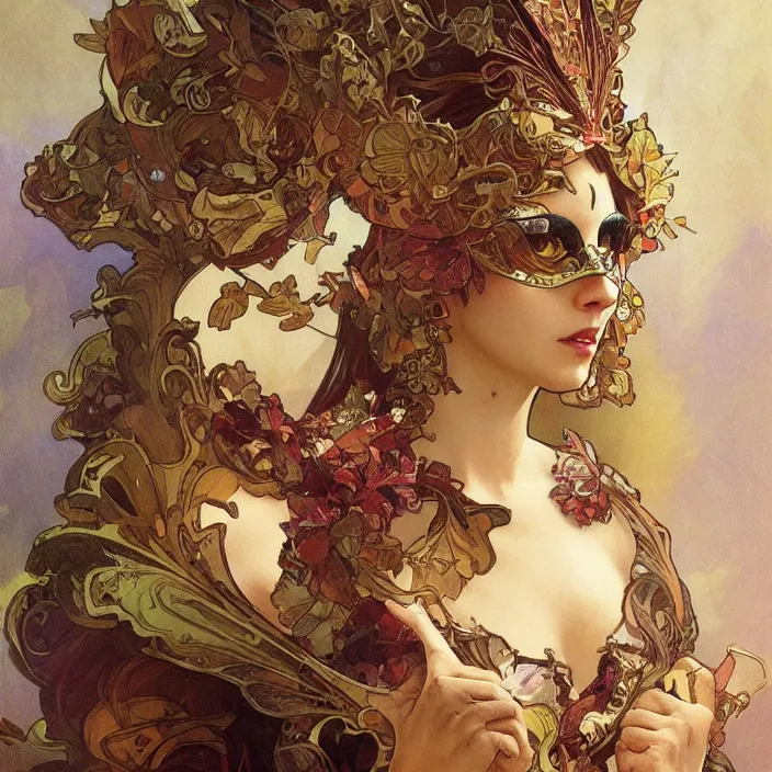 Prompt: female wearing venetian carnival mask by artgerm, greg rutkowski, alphonse mucha