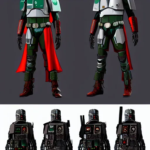 Image similar to cyberpunk character design, boba fett x doctor strange character design sheet, digital art, deviantart, artstation, octane render