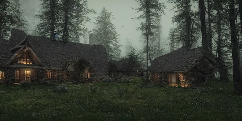 Image similar to a single cottage with a thached roof in the woods and empty woods, 8k, fantasy, unreal engine, dramatic lighting, cinematic