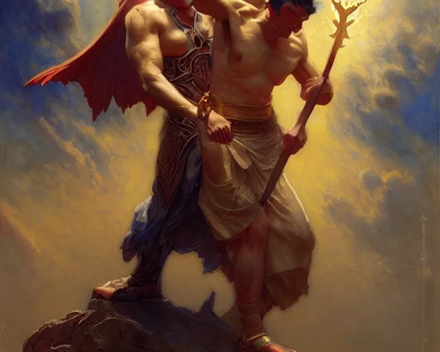 Image similar to attractive lucifer morningstar casting illusion over attractive mortal man. highly detailed painting by gaston bussiere, craig mullins, j. c. leyendecker 8 k