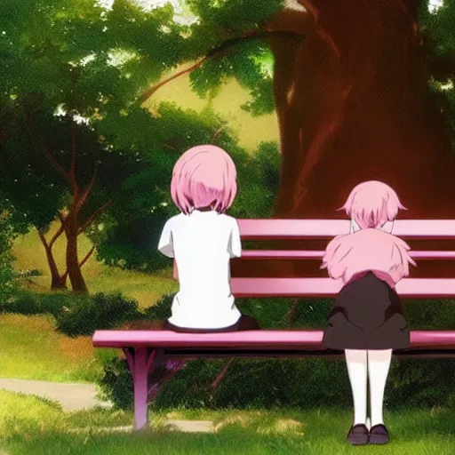 Prompt: a girl with pink hair in a school uniform sitting on a bench in a park, beautiful, perfect art, makoto shinkai