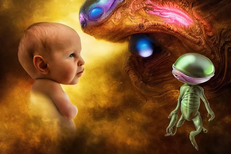 Image similar to jenny made the announcement that her baby was an alien. photo - realistic hd, hyperrealism, colourful, highly detailed, cinematic, luminescence, 3 2 k, dop, high contrast, intricate, mystery, epic, fantasy